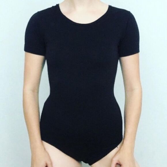 80s Stretchy Black Short Sleeve Bodysuit - XS S Womens - danskin retro - Picture 1 of 2